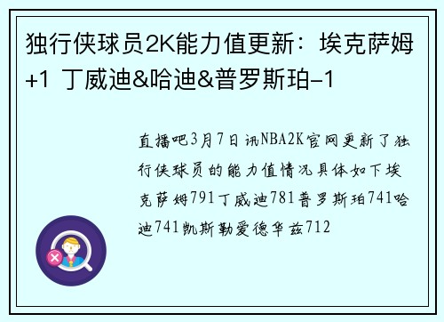 独行侠球员2K能力值更新：埃克萨姆+1 丁威迪&哈迪&普罗斯珀-1